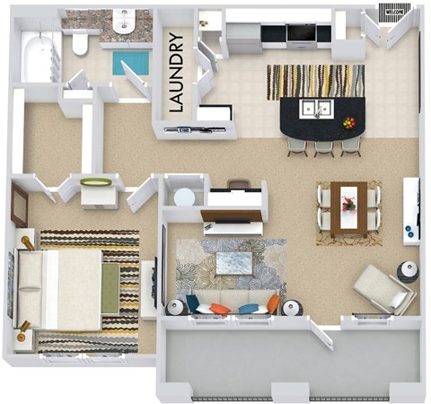 Belfast with Fenced-in Yard 3D. 1 bedroom apartment. Kitchen with bartop open to living/dining rooms. 1 full bathroom. Walk-in closet. Patio/balcony.